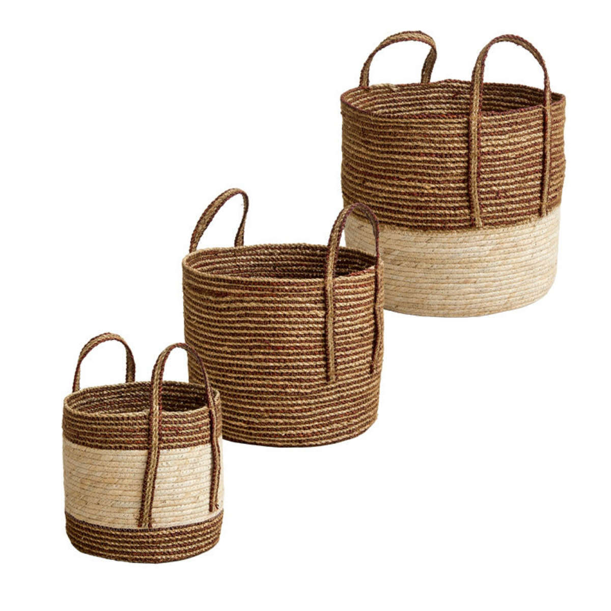 天然素材 バスケット 持ち手つき ラウンド S M L 3個組 シーグラス