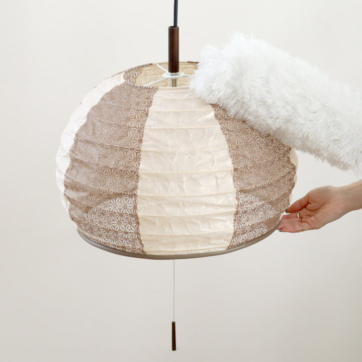 ペンダントライト3灯雲龍ベージュ×麻葉唐茶美濃和紙日本製