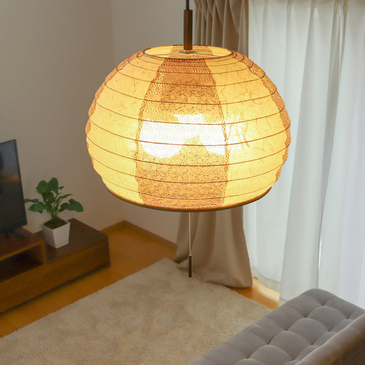 ペンダントライト3灯雲龍ベージュ×麻葉唐茶美濃和紙日本製