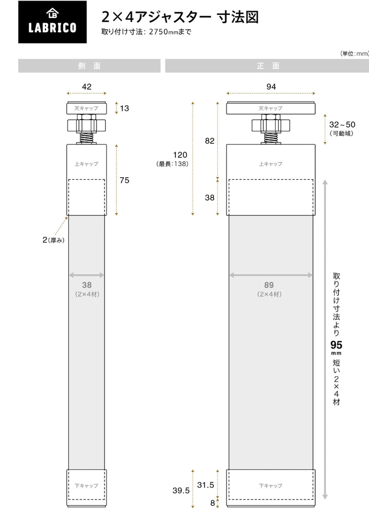 アジャスターLABRICOラブリコDIYパーツ2×4材棚ラック同色1セット