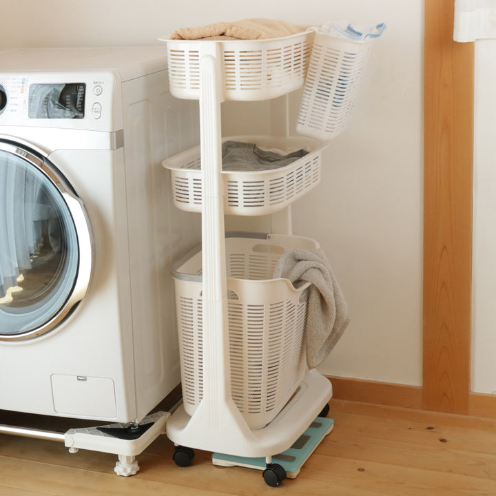 ランドリーバスケットポケット付き3段洗濯かご