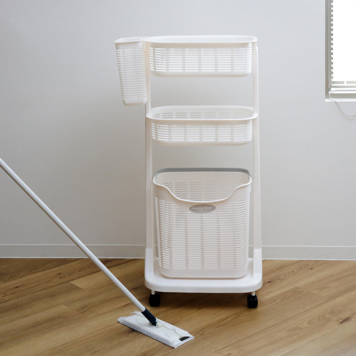 ランドリーバスケットポケット付き3段洗濯かご