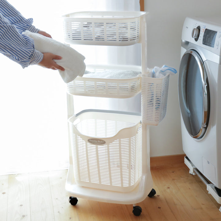 ランドリーバスケットポケット付き3段洗濯かご