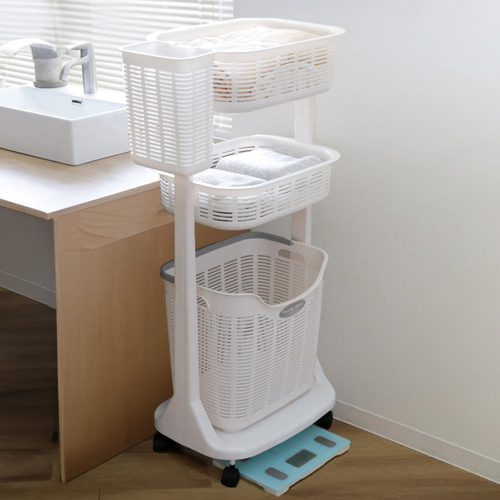ランドリーバスケットポケット付き3段洗濯かご