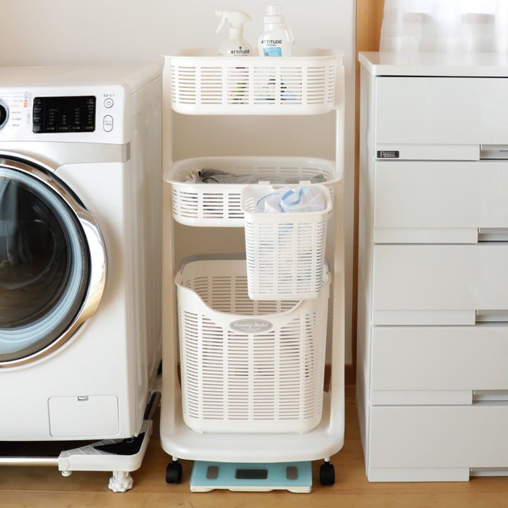ランドリーバスケットポケット付き3段洗濯かご