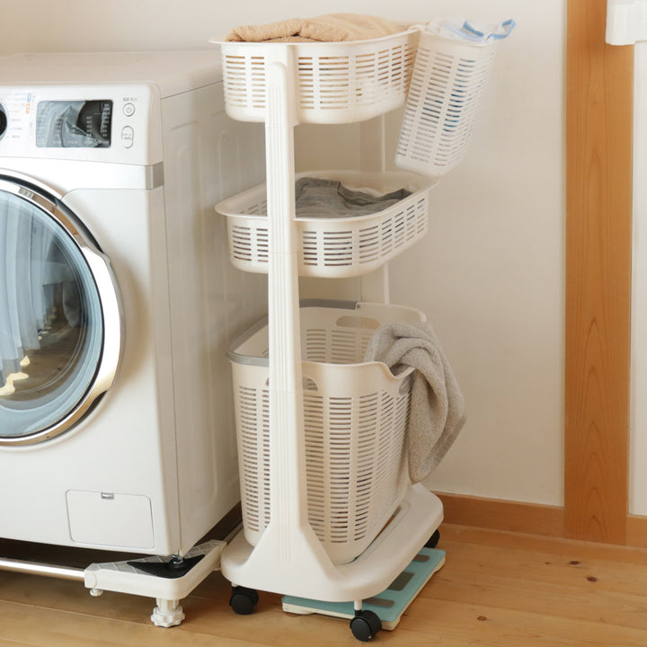 ランドリーバスケットポケット付き3段洗濯かご