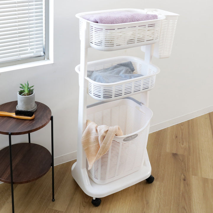 ランドリーバスケットポケット付き3段洗濯かご
