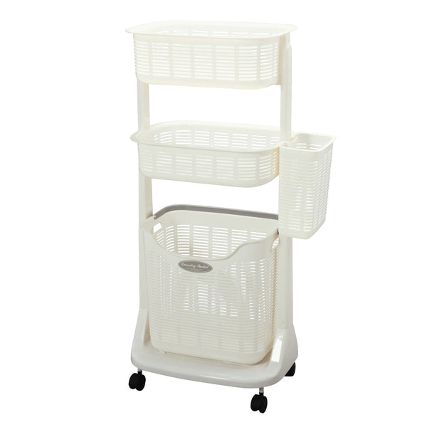 ランドリーバスケットポケット付き3段洗濯かご