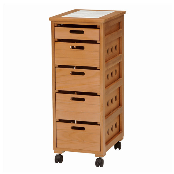 キッチンストッカー幅30cm5段スリムタイプタイルトップ桐製キャスター付