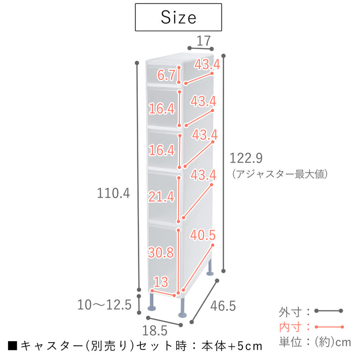 キッチンストッカー幅17cm5段アジャスター付きスリムストレージTS-10121A