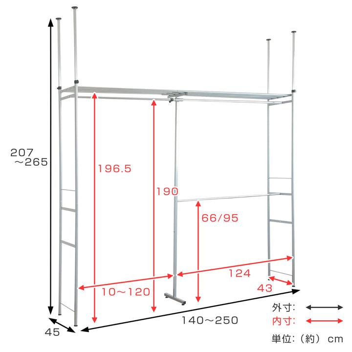 突っ張りハンガーラック総耐荷重185kg上棚付きスーパーワイド幅140～250cm