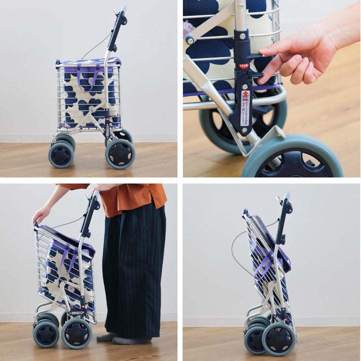 ショッピングカートワイヤーカートバッグ付きアルミ製ブレーキ付き高さ調節可能