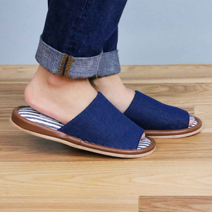 スリッパbohemianデニム外縫いMサイズブルー