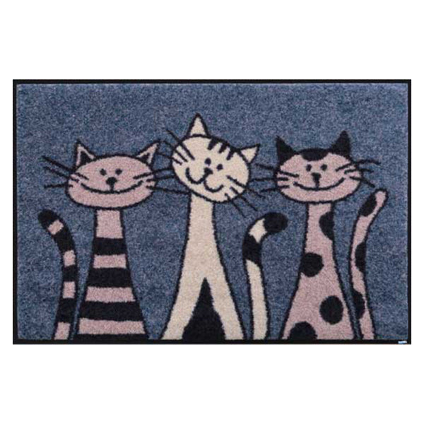 玄関マットwash+dryウォッシュアンドドライThreeCatsブルー50×75cm