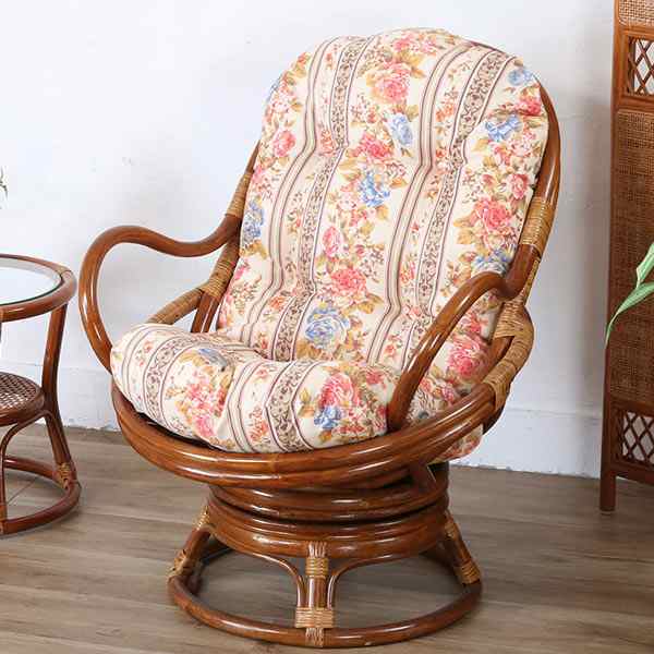 籐回転座椅子チェアクッション付ラタン製籐家具座面高35cmネイビー花柄