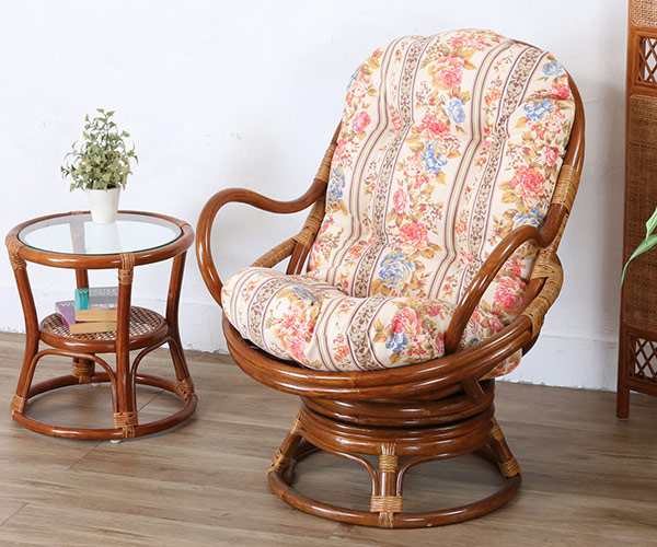 籐回転座椅子チェアクッション付ラタン製籐家具座面高35cmネイビー花柄