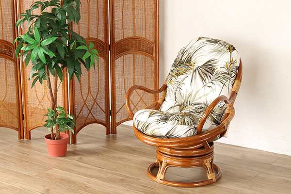 籐回転座椅子チェアクッション付ラタン製籐家具座面高35cmネイビー花柄