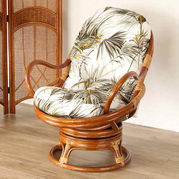 籐回転座椅子チェアクッション付ラタン製籐家具座面高35cmネイビー花柄