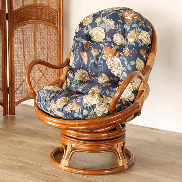 籐回転座椅子チェアクッション付ラタン製籐家具座面高35cmネイビー花柄