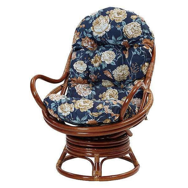 籐回転座椅子チェアクッション付ラタン製籐家具座面高35cmネイビー花柄
