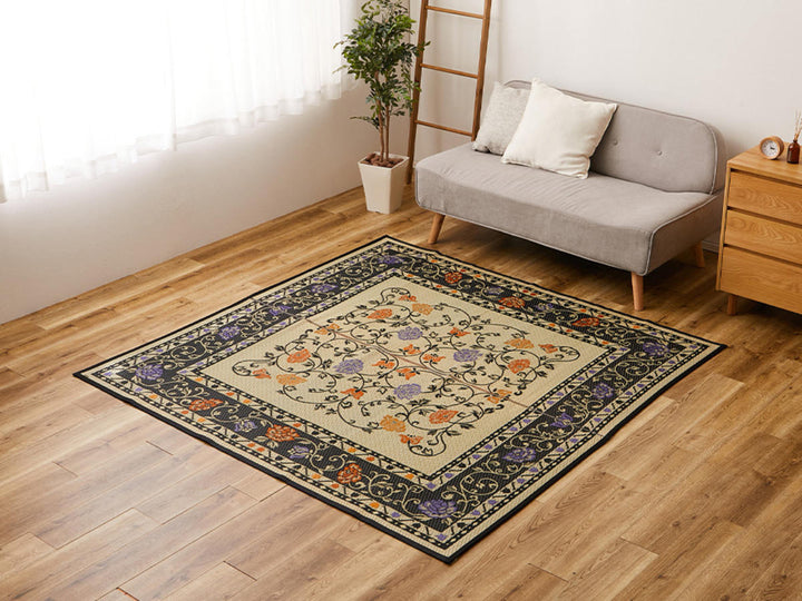 ラグい草ラグ約2畳191×191cm日本製薄手ござナチュラル／ブラックイデア