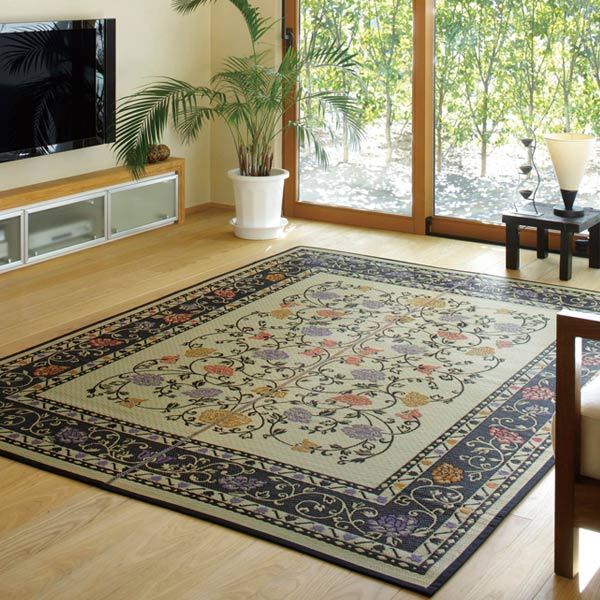 ラグい草ラグ約2畳191×191cm日本製薄手ござナチュラル／ブラックイデア