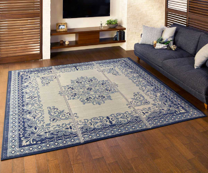 ラグい草ラグ176×176cm約2畳薄手ござ裏貼りカノンブルー