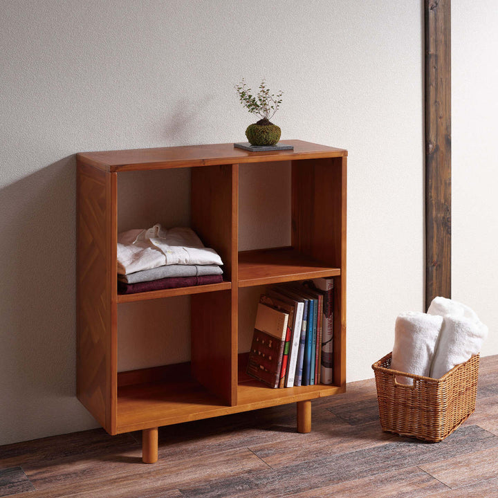 オープンラック幅70cm2段寄木突板ヴィンテージ調HENT