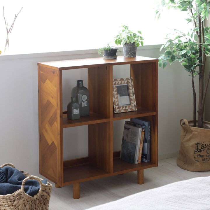 オープンラック幅70cm2段寄木突板ヴィンテージ調HENT