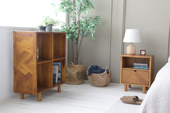 オープンラック幅70cm2段寄木突板ヴィンテージ調HENT