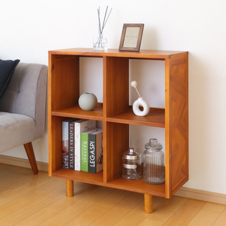 オープンラック幅70cm2段寄木突板ヴィンテージ調HENT