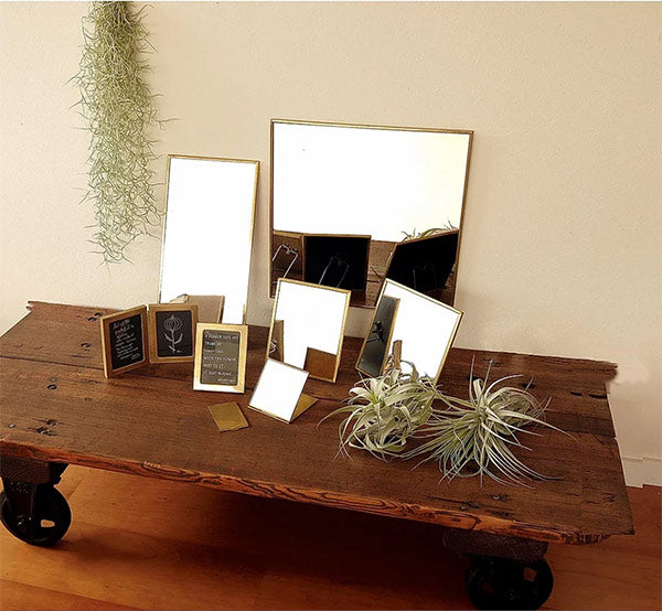 ミラースタンドミラー高さ19.8cm卓上鏡かがみアンティーク調真鍮フレーム角型正方形