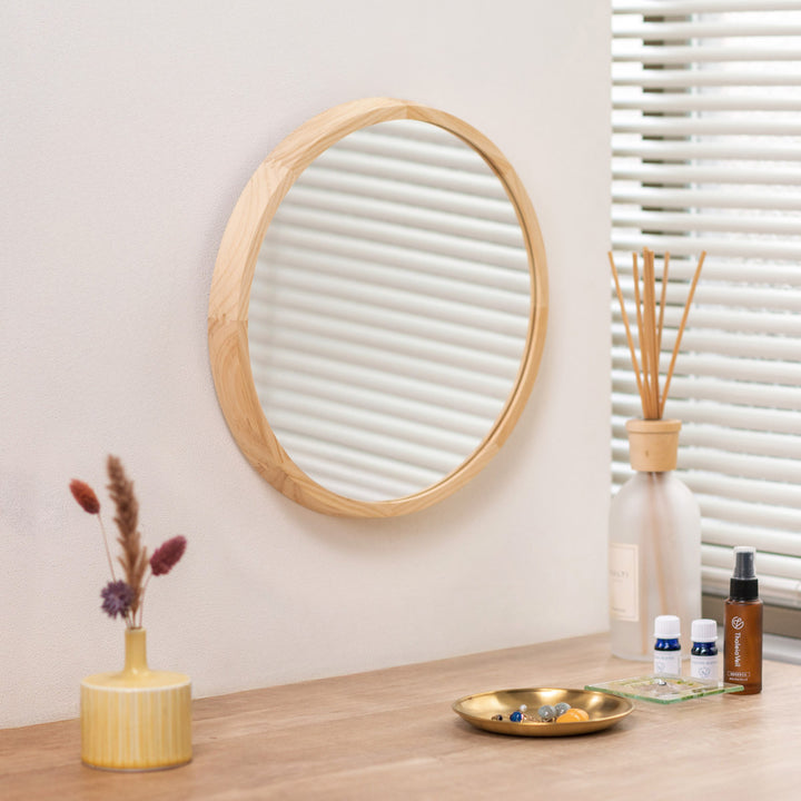 ミラーウォールミラー直径34.8cm壁掛け木製無垢材天然木鏡かがみ円形丸型