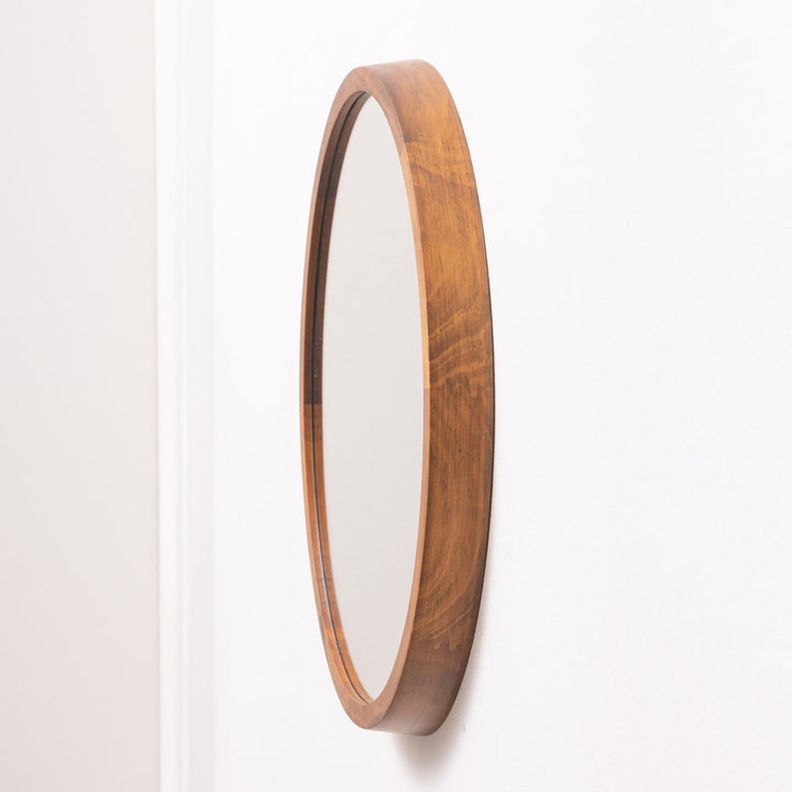 ミラーウォールミラー直径34.8cm壁掛け木製無垢材天然木鏡かがみ円形丸型