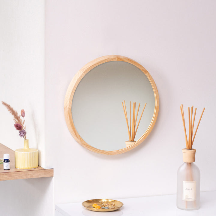 ミラーウォールミラー直径34.8cm壁掛け木製無垢材天然木鏡かがみ円形丸型