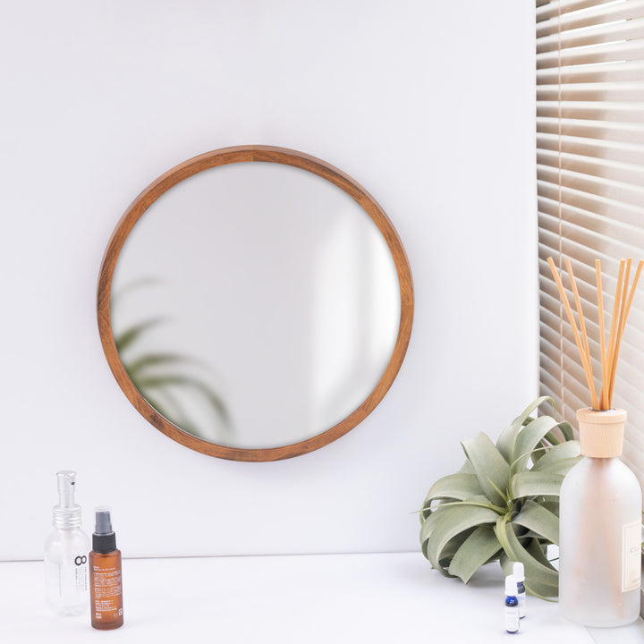 ミラーウォールミラー直径34.8cm壁掛け木製無垢材天然木鏡かがみ円形丸型