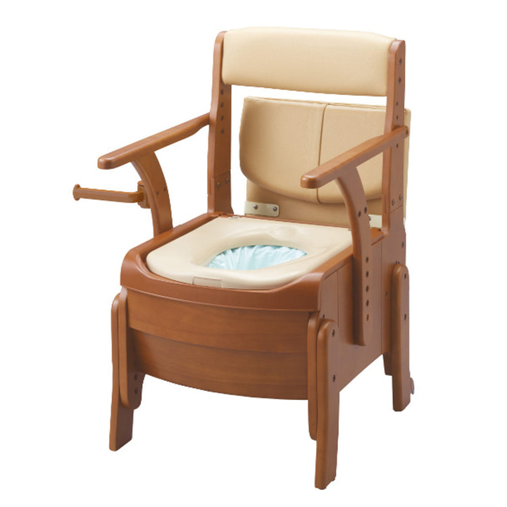 ポータブルトイレコンパクト標準便座自動ラップキャスター付家具調セレクトRノーマルひじ掛けタイプ介護用日本製