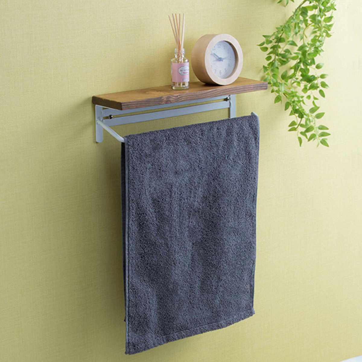 タオルハンガー 棚付 ヴィンテージ調 天然木 幅36cm ダークブラウン