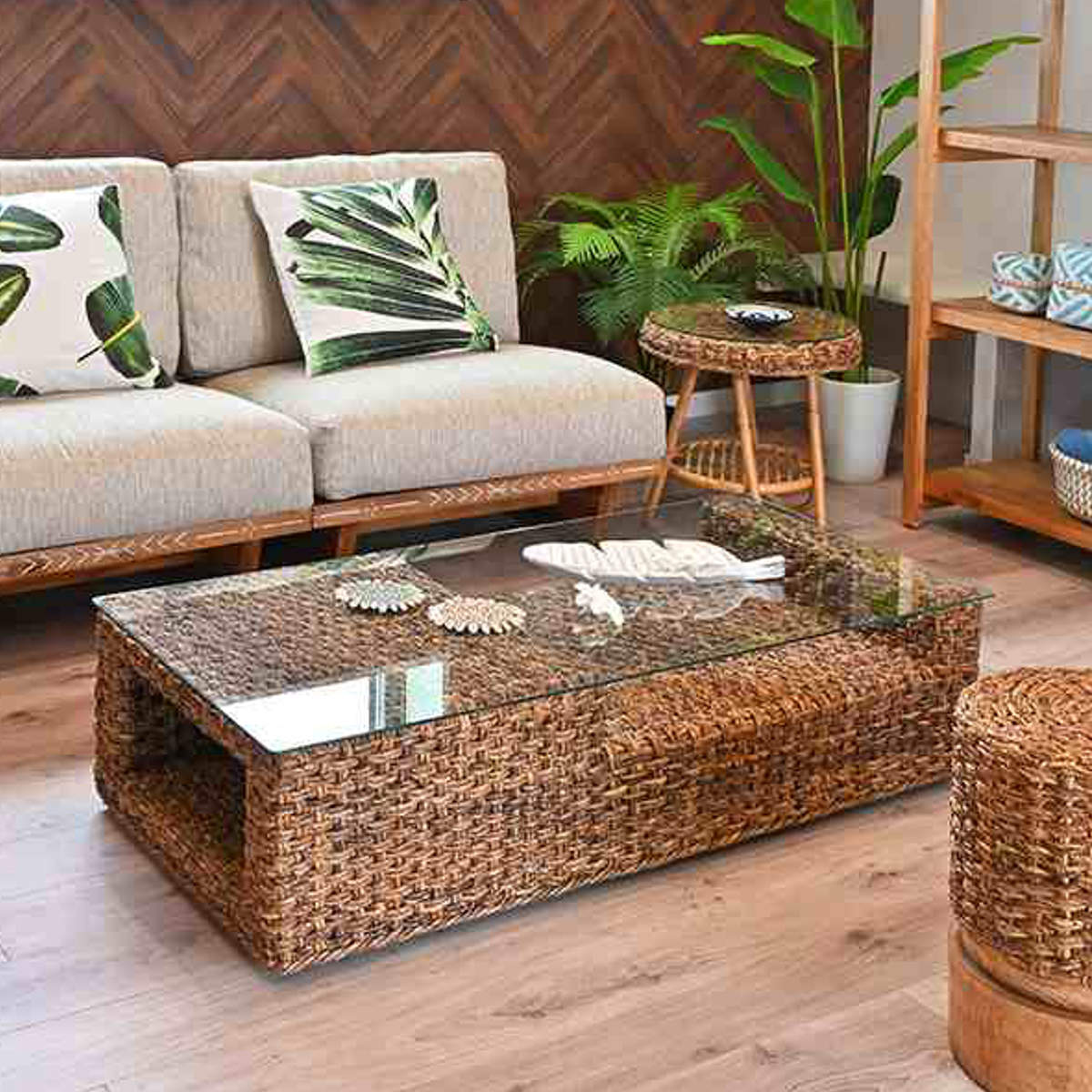 ローテーブル 幅120cm ガラス天板 ハワイアンリゾート風 バナナリーフ