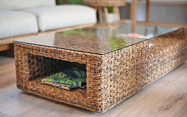 ローテーブル幅120cmガラス天板ハワイアンリゾート風バナナリーフ材Ohana