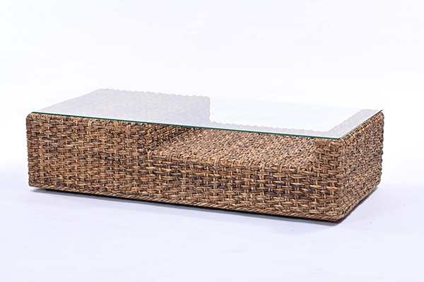 ローテーブル幅120cmガラス天板ハワイアンリゾート風バナナリーフ材Ohana