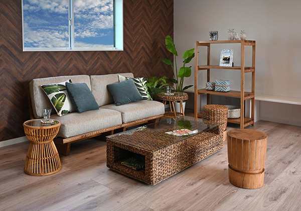 ローテーブル幅120cmガラス天板ハワイアンリゾート風バナナリーフ材Ohana