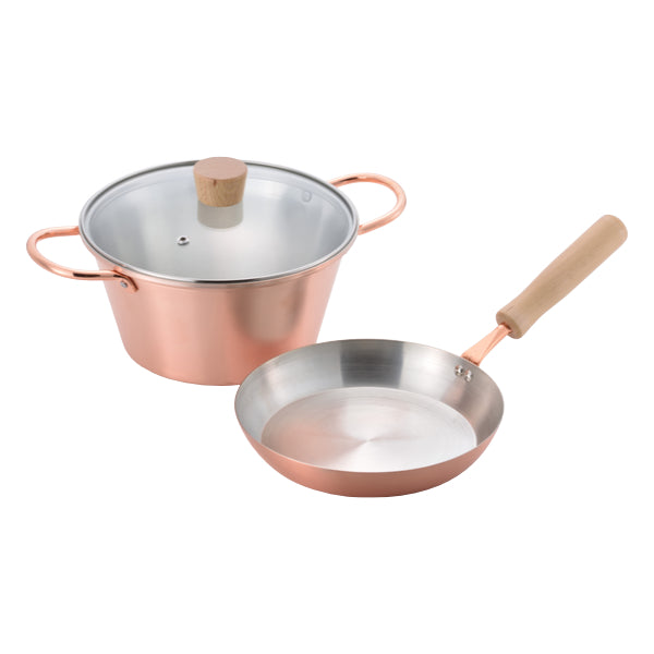 銅製フライパン　3点セット フライパン＆両手鍋3点セット ガス火専用 千歳 ガラス蓋付き 銅製 日本