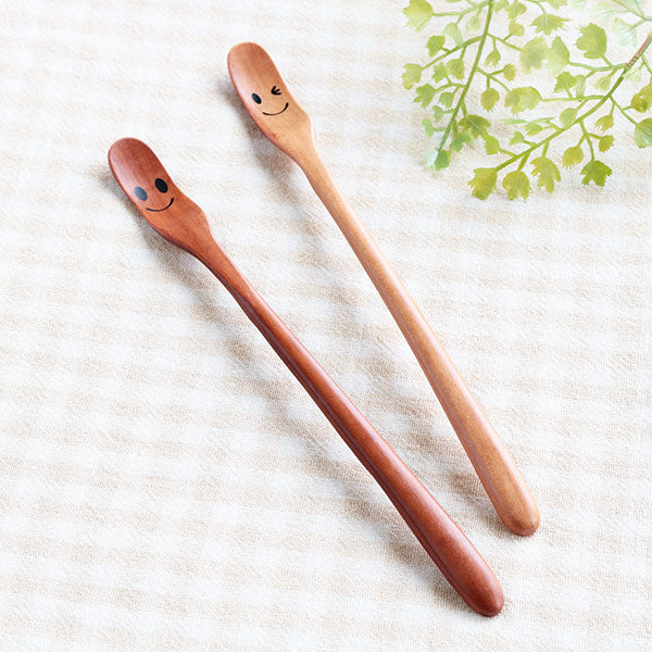 スプーン19cmマドラースプーンニコニコ＆ウィンク木製サオ籐芸