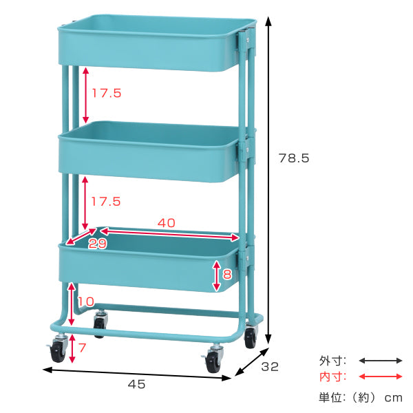 キッチンワゴンバスケット3段スチールフレーム幅45cm