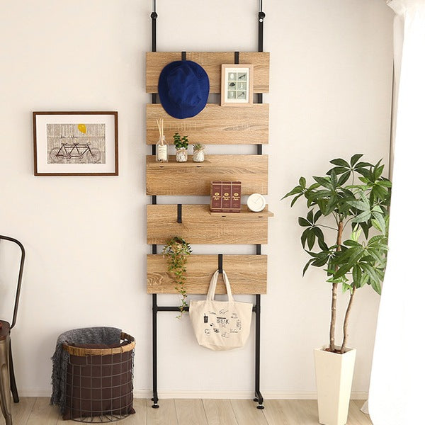 突っ張り幅60cmラダーラック木目調つっぱり収納スチールヴィンテージ調