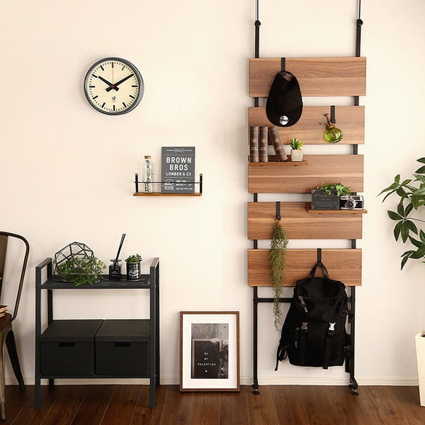 突っ張り幅60cmラダーラック木目調つっぱり収納スチールヴィンテージ調