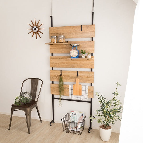 突っ張り幅80cmラダーラック木目調つっぱり収納スチールヴィンテージ調
