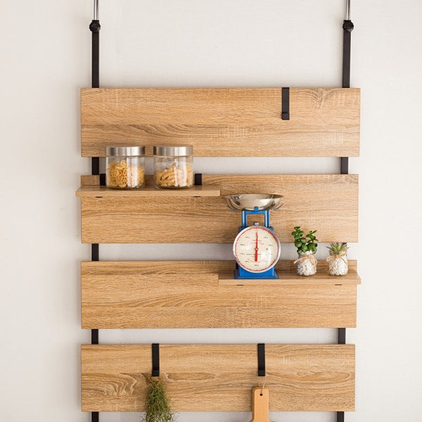 突っ張り幅80cmラダーラック木目調つっぱり収納スチールヴィンテージ調