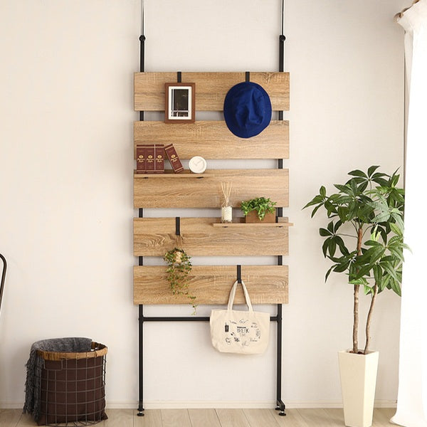 突っ張り幅80cmラダーラック木目調つっぱり収納スチールヴィンテージ調